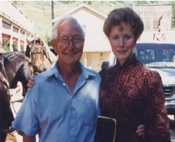 Barbara Babcock poses with Dr. Quinn fan at Paramount Ranch